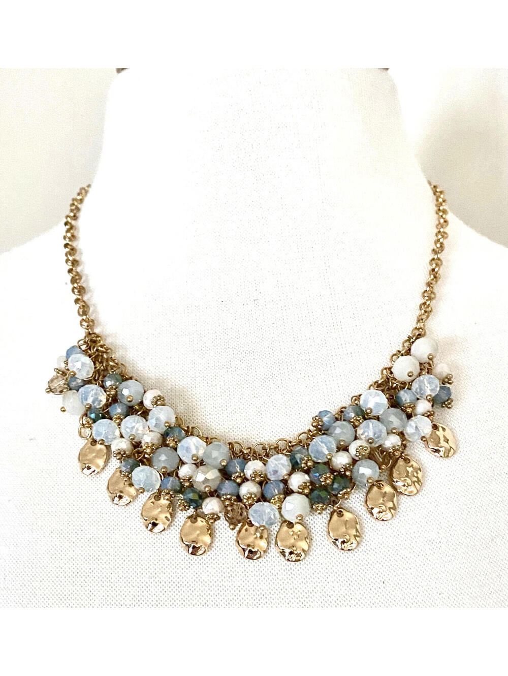 NWT Leslie Danzis Iridescent Crystal Bead Gold Bauble Bib Necklace 18" Long